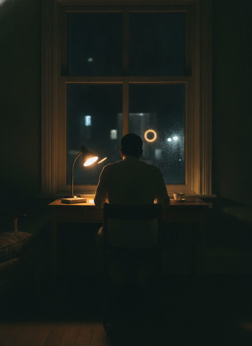 Silhouette assise à un bureau, vue de dos, face à une fenêtre sombre
