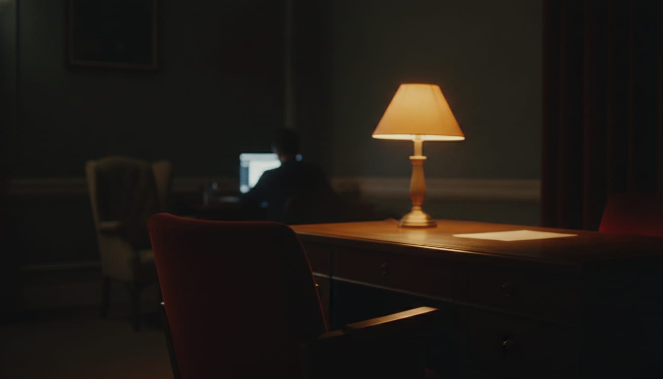Fauteuil de théâtre vide au premier rang, dans la demi-obscurité