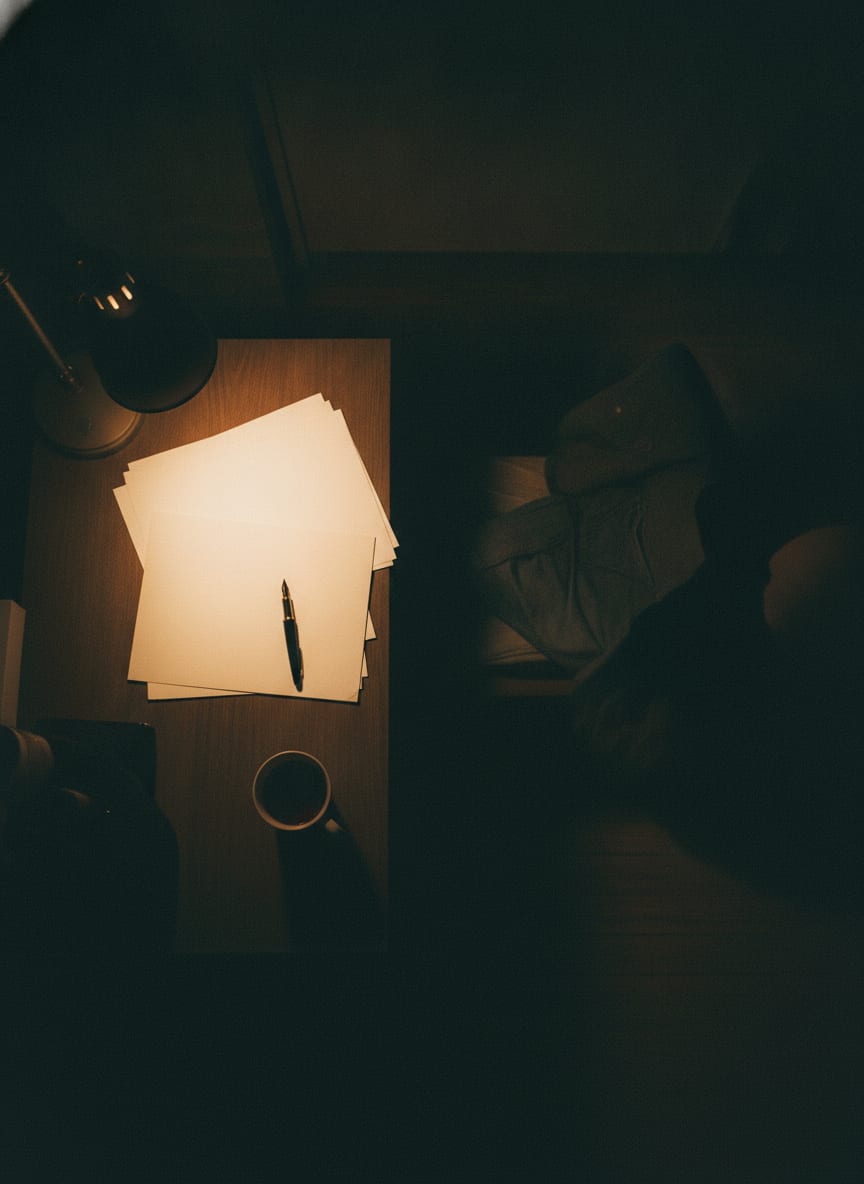 Vue du dessus d’un bureau avec des feuilles vierges, un stylo et une tasse