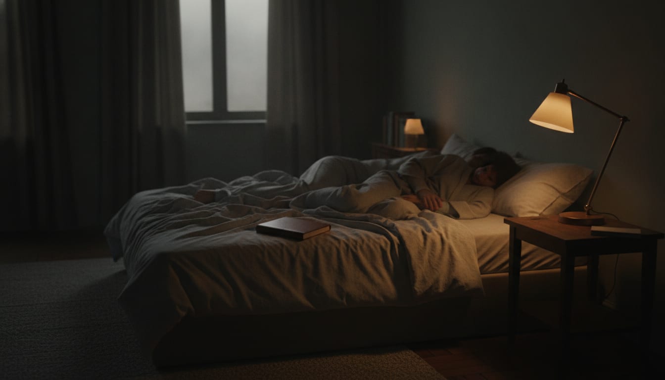 Lit défait avec un carnet fermé posé sur les draps