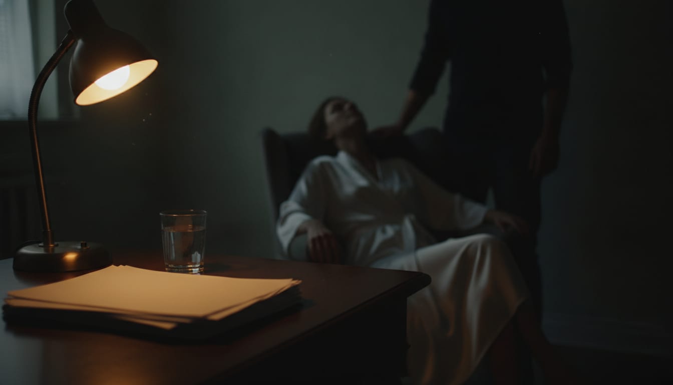 Lampe de bureau, pile de feuilles vierges et verre d’eau dans une ombre profonde