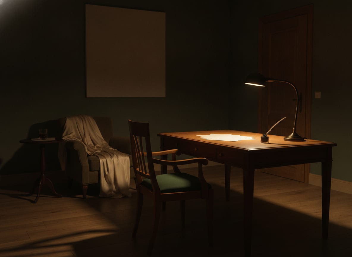 Bureau d’écriture la nuit, lampe allumée, feuilles vierges